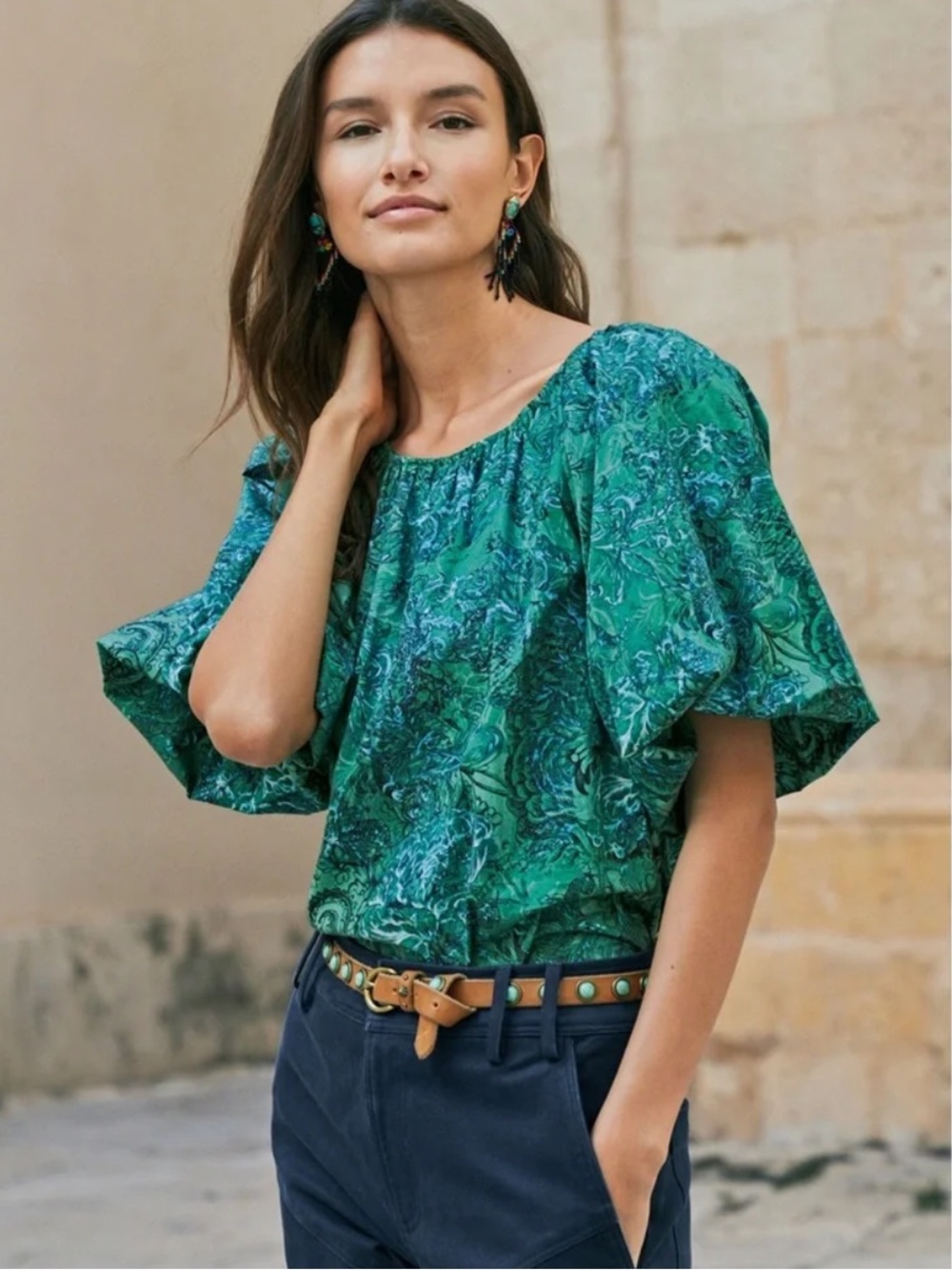 Peruvian Connection Al Fresco Ballon Sleeve Blouse Top XS Augamarine Paisley